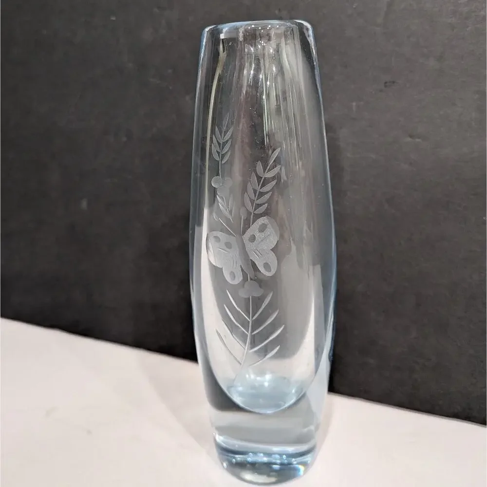 Vintage Kosta Boda Swedish Crystal Bud Vase by Vicke Lindstrand Etched Butterfly
